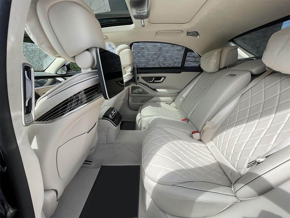 Mercedes S-Class white leather interior for wedding transportation