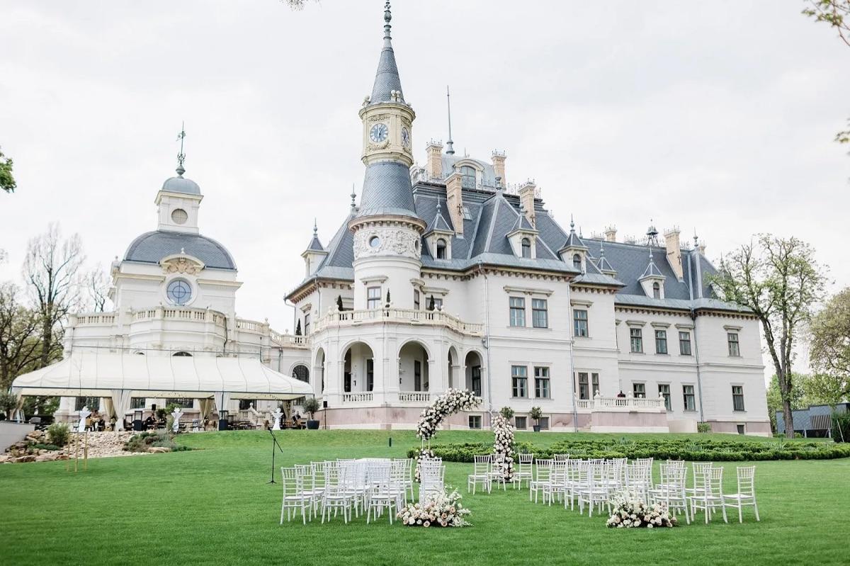 Castle wedding venue in Hungary with outdoor ceremony setup