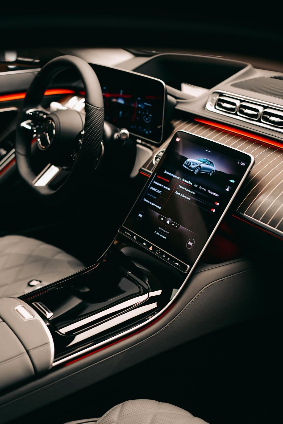 Mercedes S-Class luxury interior with ambient lighting