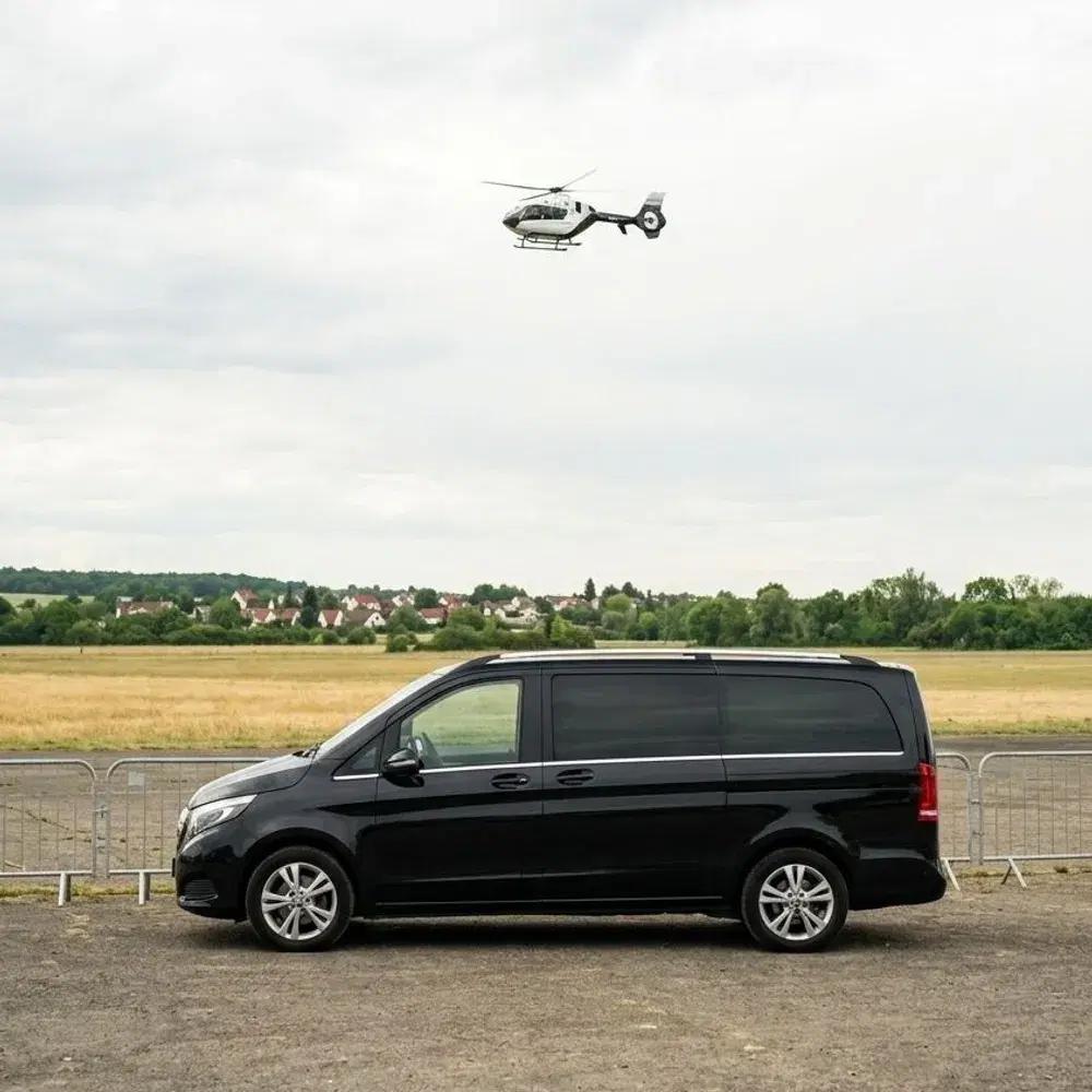 Минивэн Mercedes V-Class для наземного трансфера с вертолётом в небе на уикенд Гран-при Венгрии F1