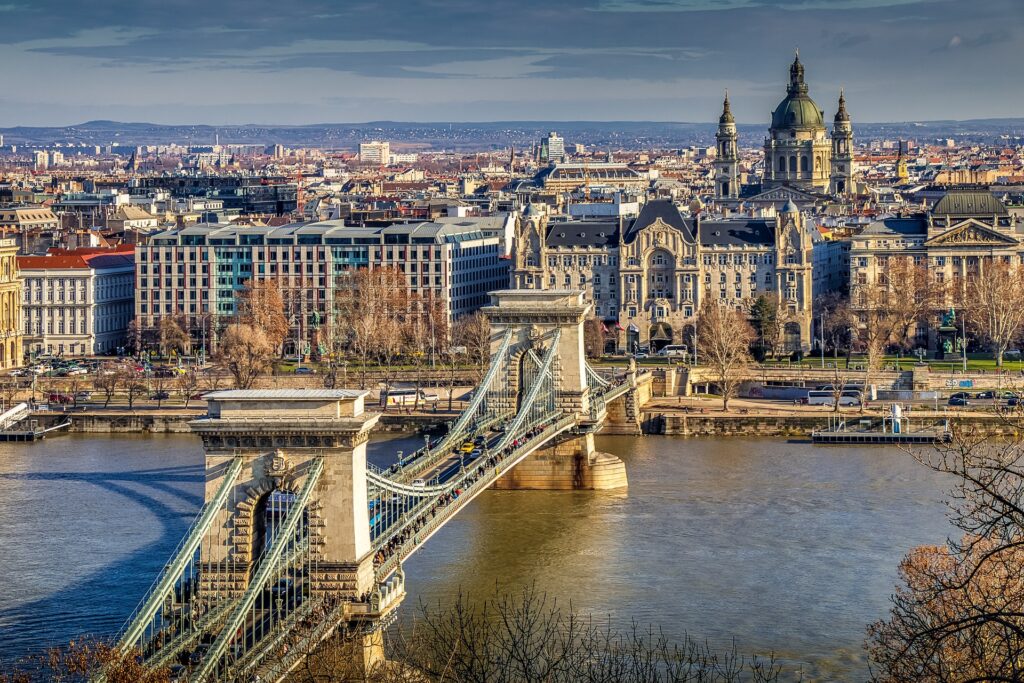 Chain bridge and Four Seasons Hotel Gresham Palace in Budapest