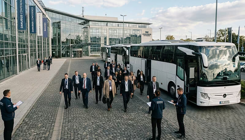 Bus waiting outside of a conference hall