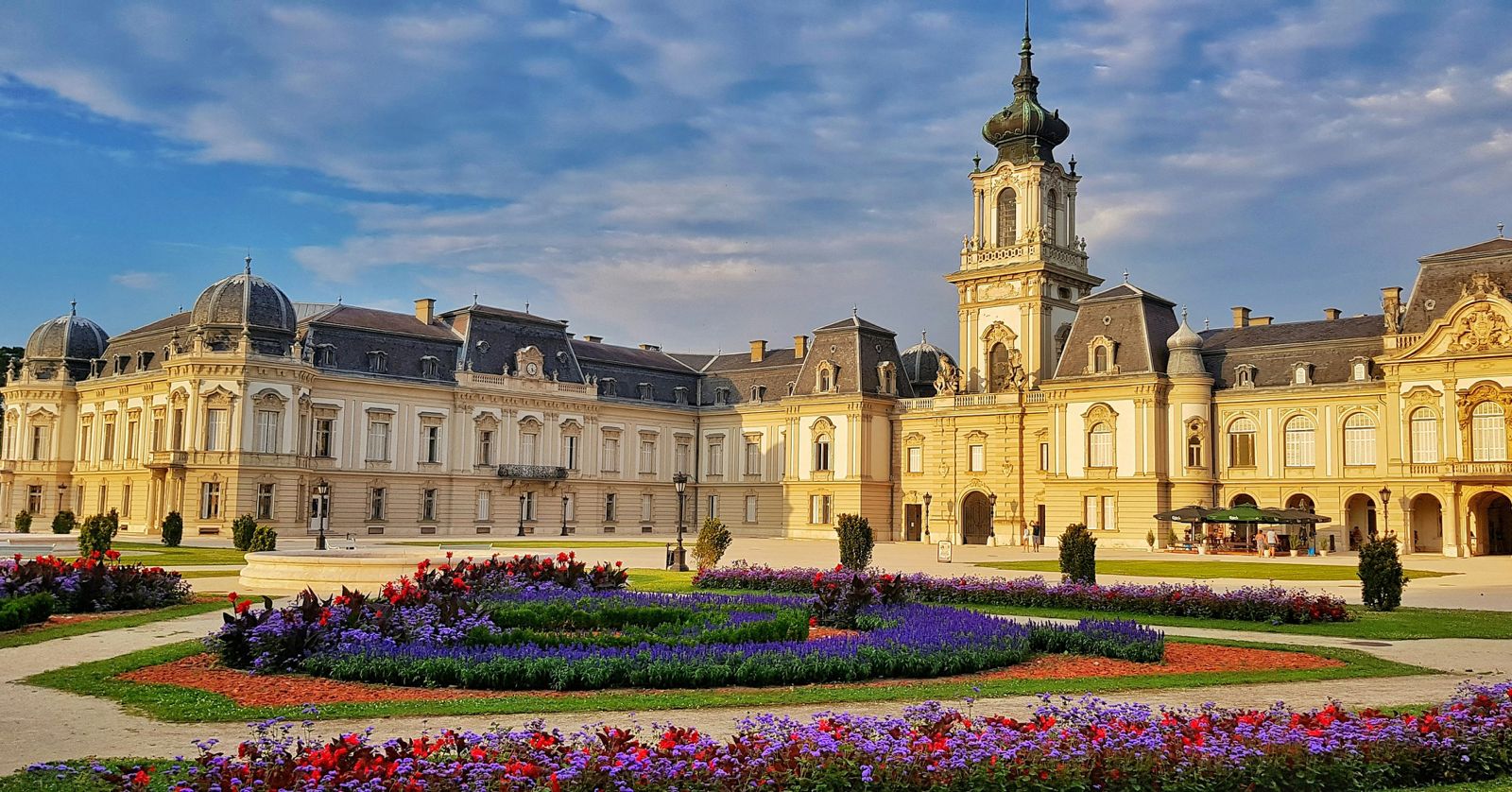 Festetics Palace in Keszthely with colourful flower gardens in bloom