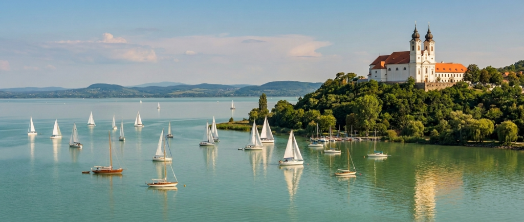 Lake Balaton in summer with white sailboats on turquoise water and the twin-towered Tihany Abbey on a wooded hillside