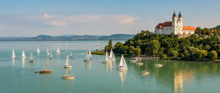 Lake Balaton in summer with white sailboats on turquoise water and the twin-towered Tihany Abbey on a wooded hillside