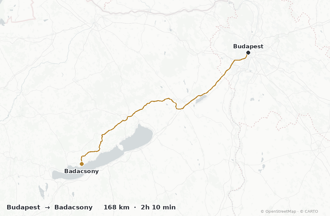 Driving route map from Budapest to Badacsony wine region — about 168 km, 2h 10 min by car