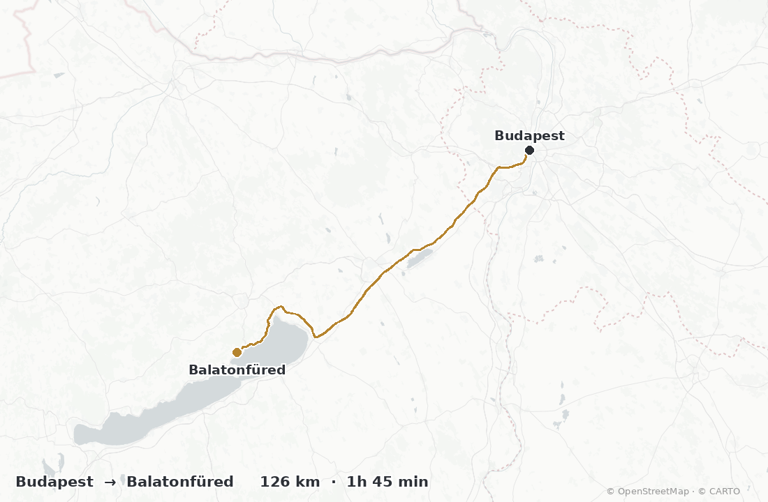 Driving route map from Budapest to Lake Balaton — about 126 km and 1 hour 45 minutes by car