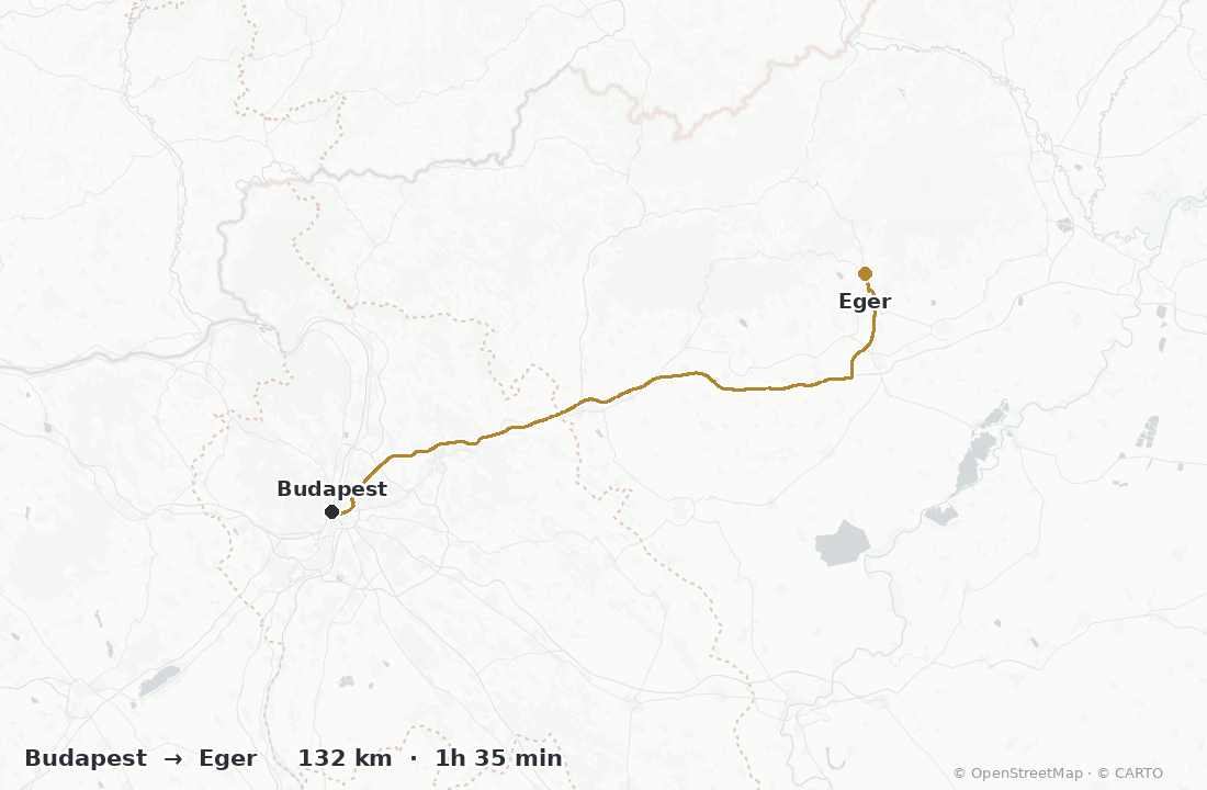 Driving route map from Budapest to Eger wine region — about 132 km, 1h 35 min by car