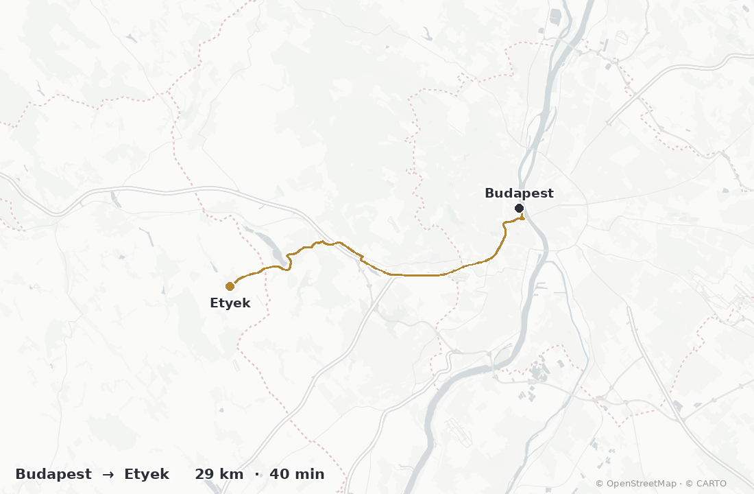 Driving route map from Budapest to Etyek wine region — about 29 km, 40 min by car