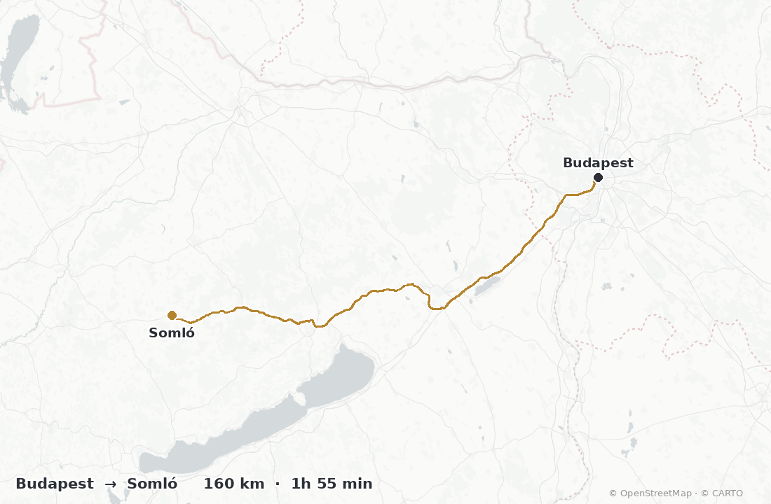 Driving route map from Budapest to Somló wine region — about 160 km, 1h 55 min by car