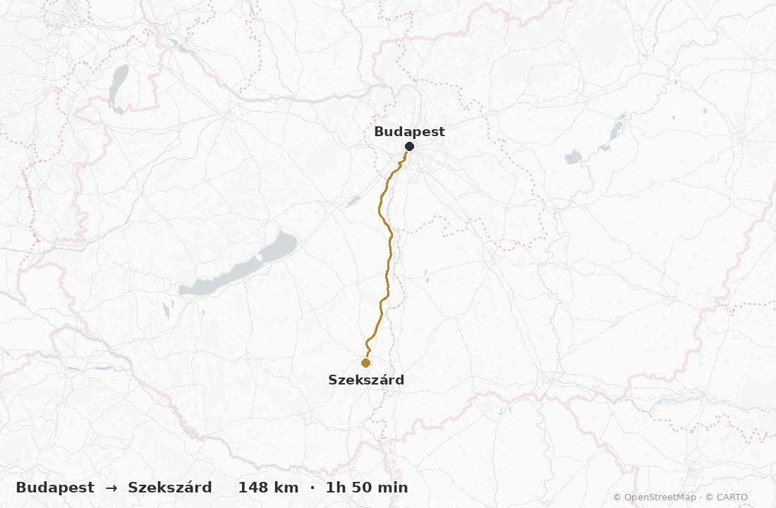 Driving route map from Budapest to Szekszárd wine region — about 148 km, 1h 50 min by car