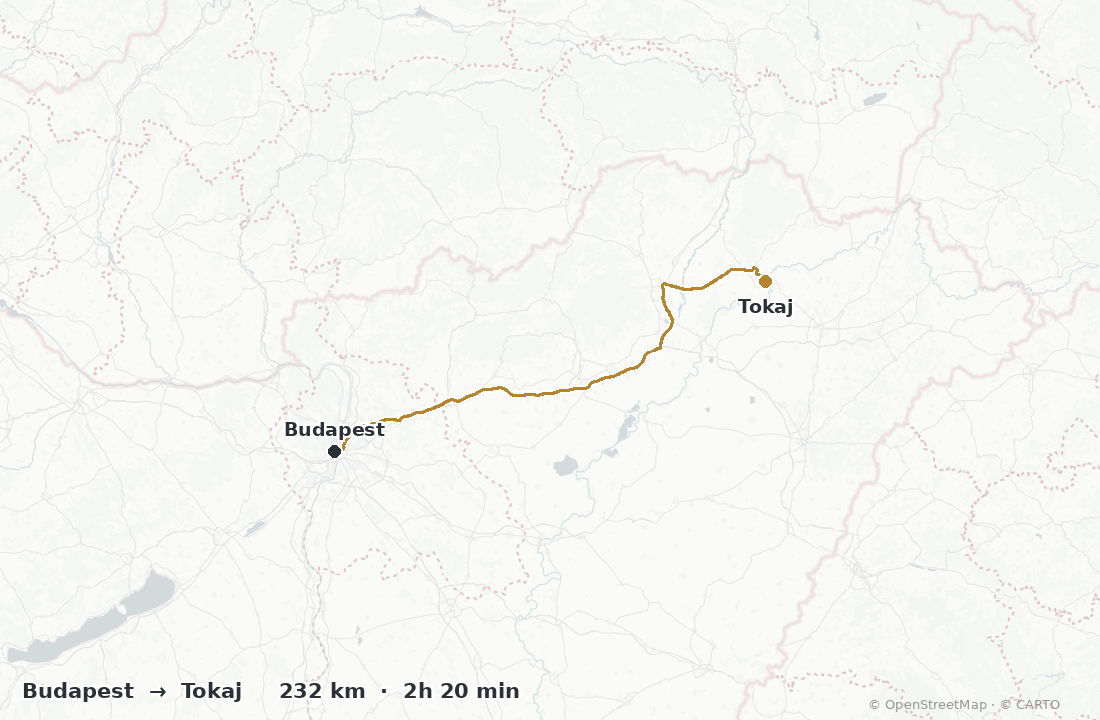 Driving route map from Budapest to Tokaj wine region — about 232 km, 2h 20 min by car