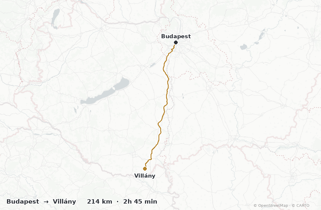 Driving route map from Budapest to Villány wine region — about 214 km, 2h 45 min by car