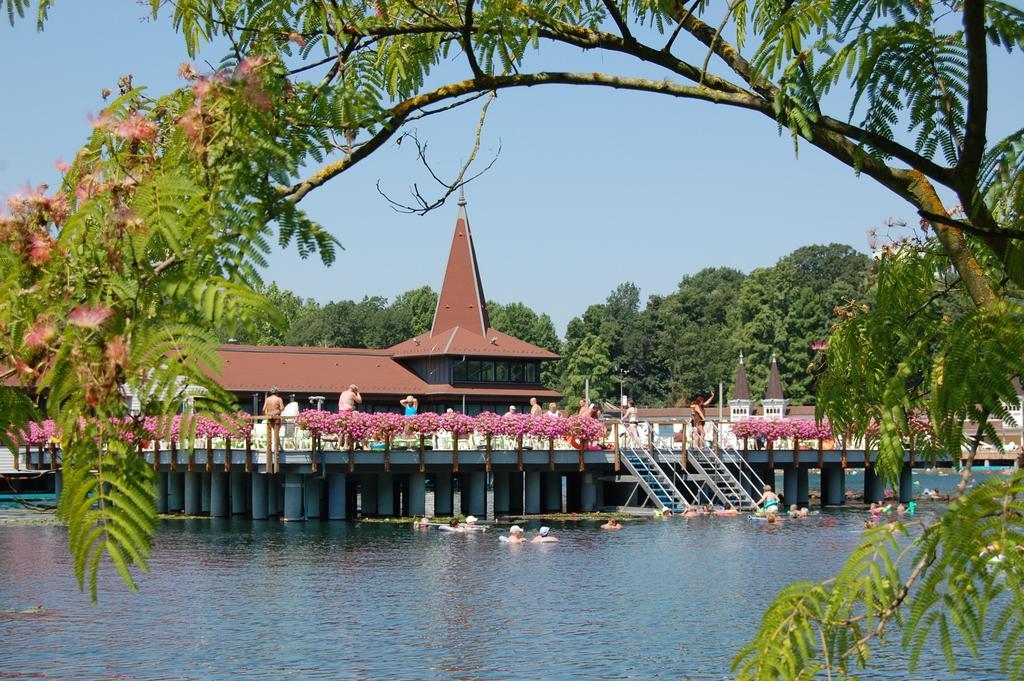 Bathers floating in the warm thermal lake of Hévíz among the water lilies