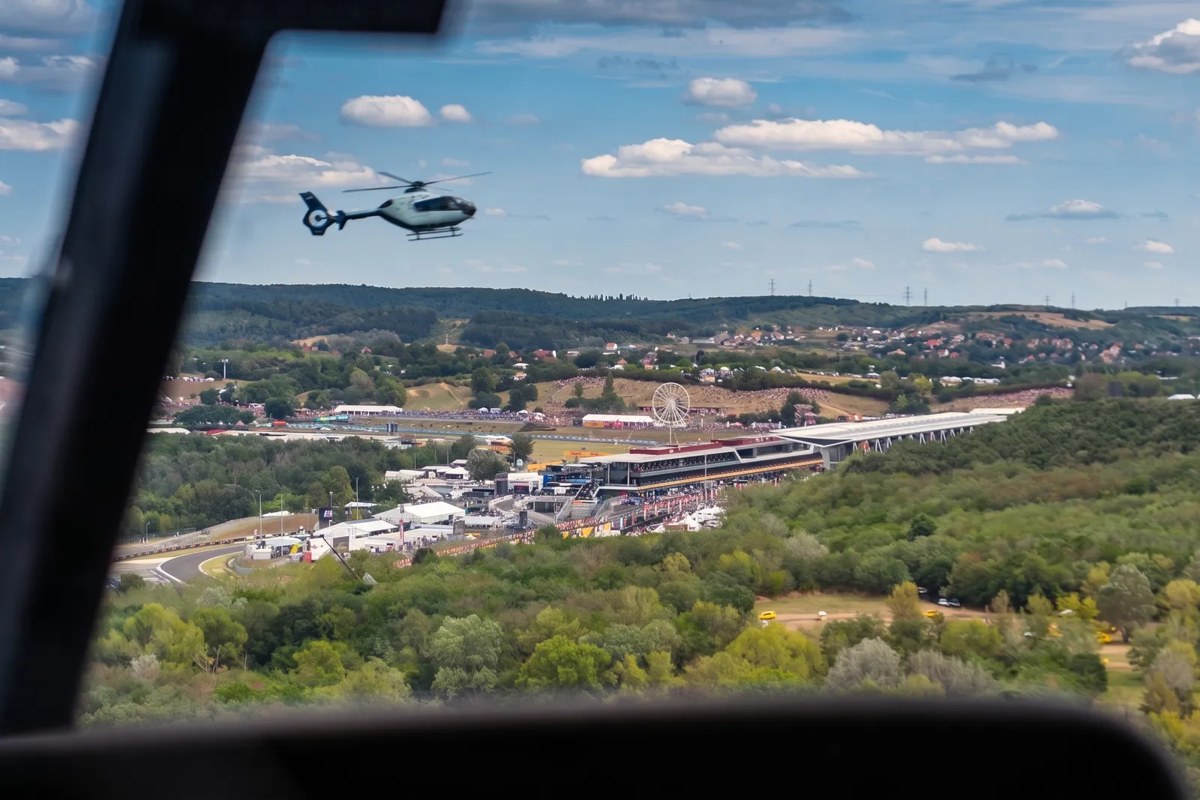 Helicopter in flight over Budapest en route to the Hungaroring