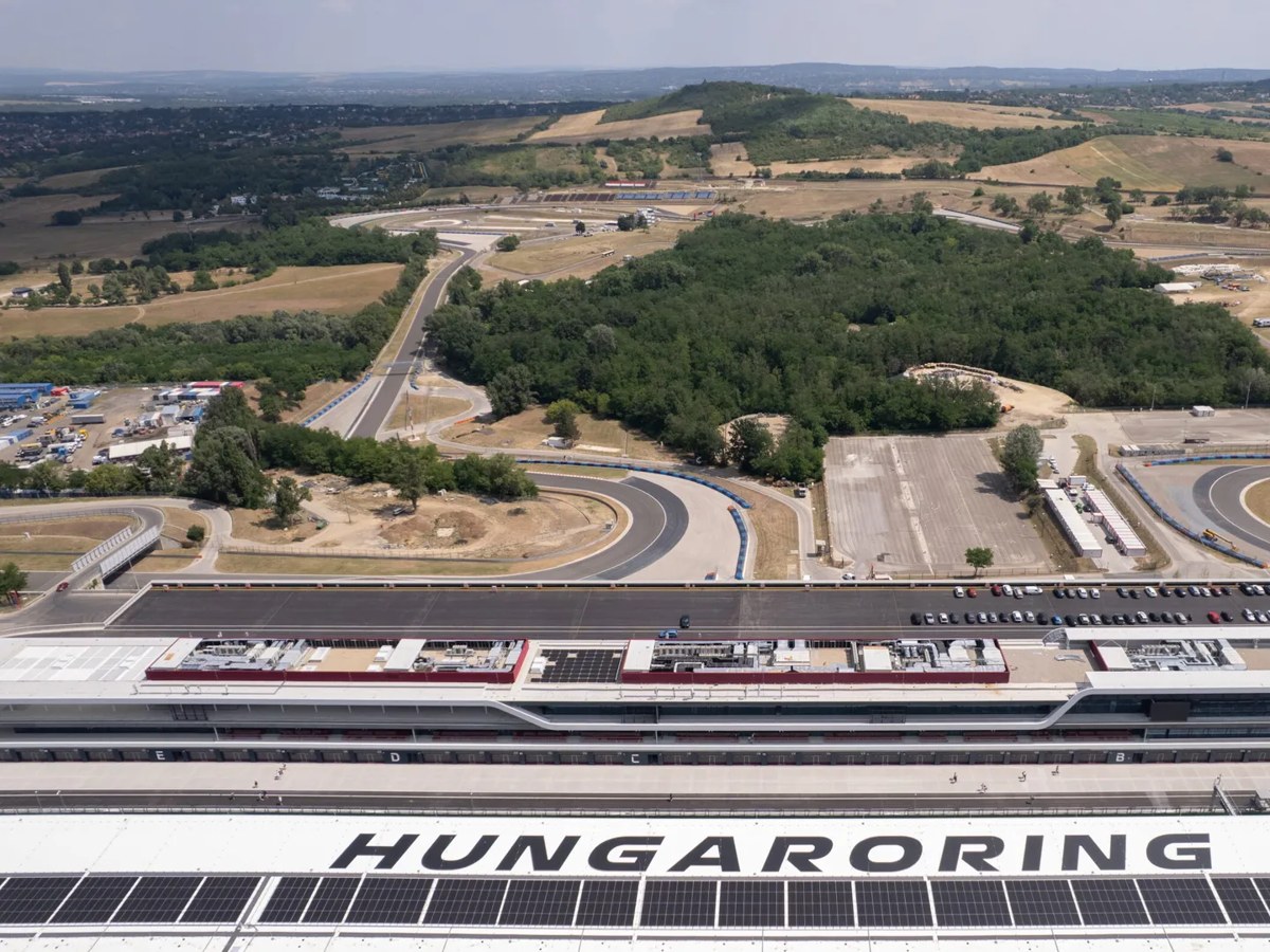 Aerial view of the Hungaroring circuit and grandstand