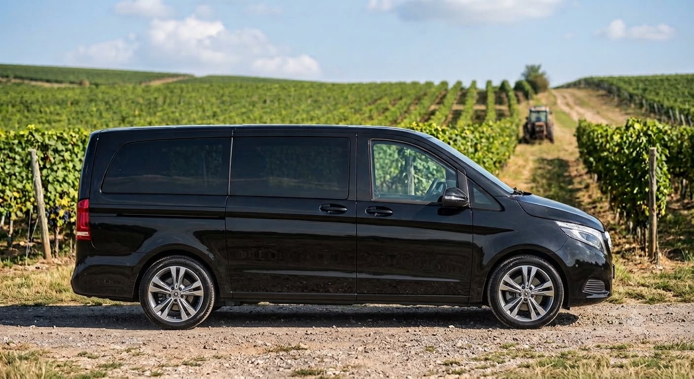 Black Mercedes V-Class private transfer in the Villany vineyards