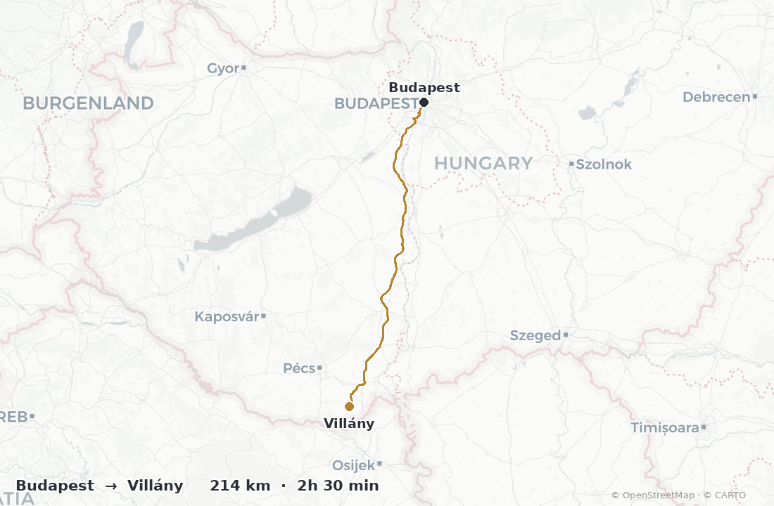 Budapest to Villány driving route, 214 km, 2h 30 min