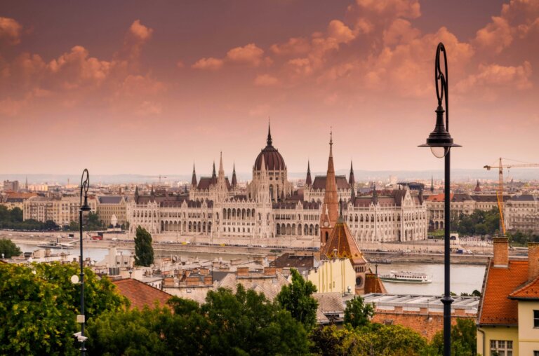 Budapest skyline at dusk with the Hungarian Parliament and the Danube, seen from Buda
