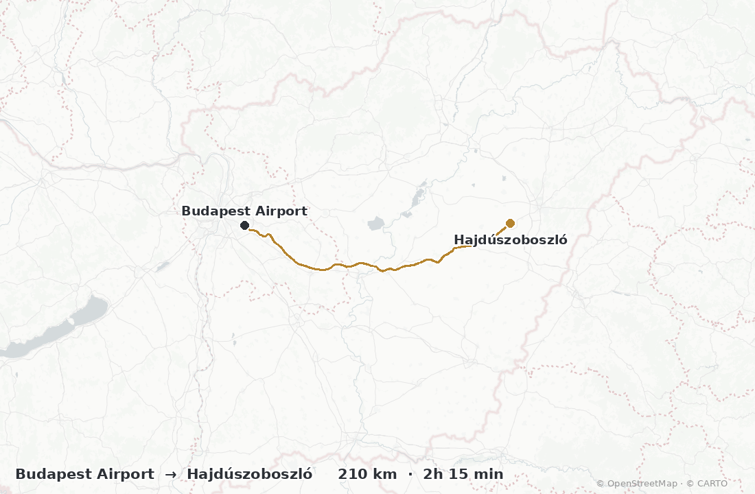 Driving route and distance from Budapest Airport to Hajdúszoboszló: 210 km, about 2 hours 15 minutes by car via the M3 motorway