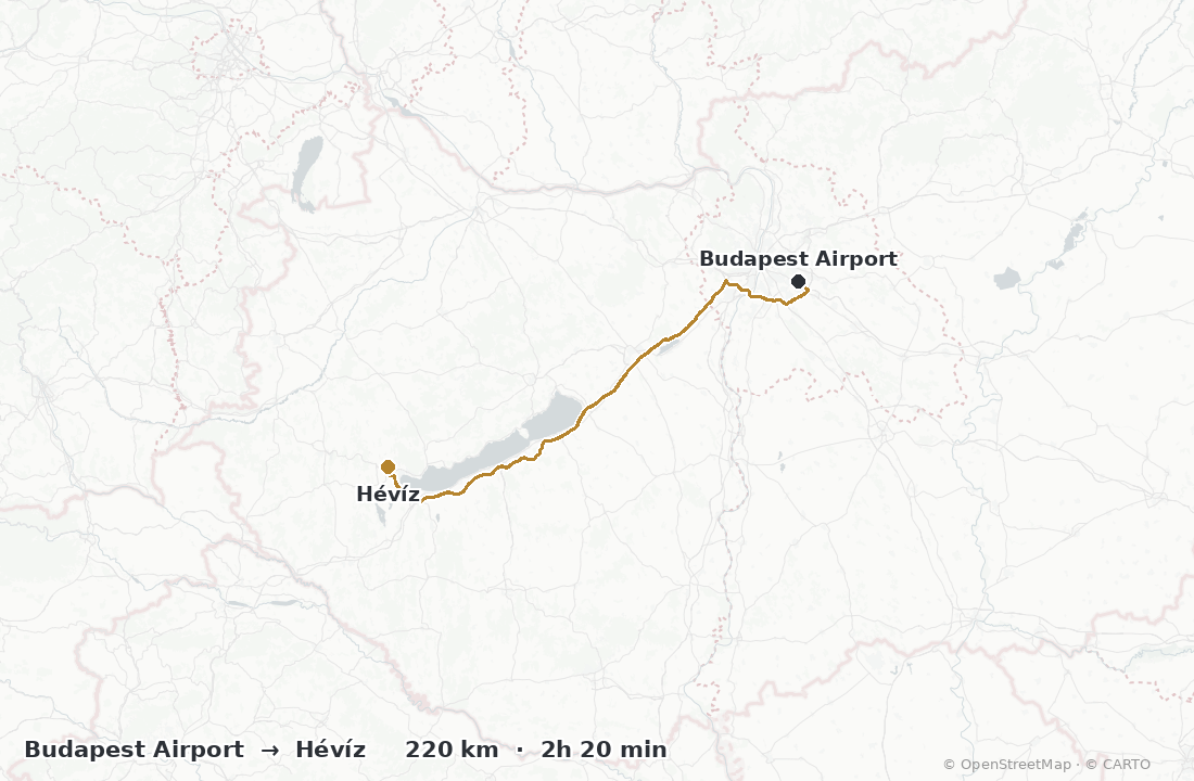 Driving route and distance from Budapest Airport to Hévíz: 220 km, about 2 hours 20 minutes by car via the M7 motorway past Lake Balaton