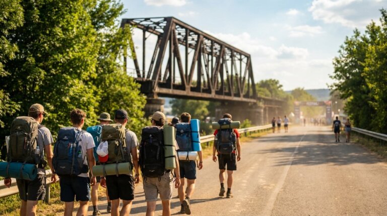Festival-goers with backpacks walking toward the bridge to Sziget on Óbuda Island, Budapest