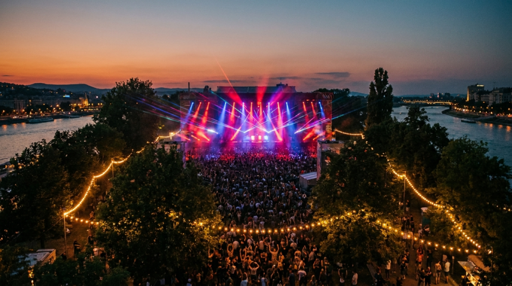 Sziget Festival 2026 main stage lit up at dusk on Óbuda Island in the Danube, Budapest