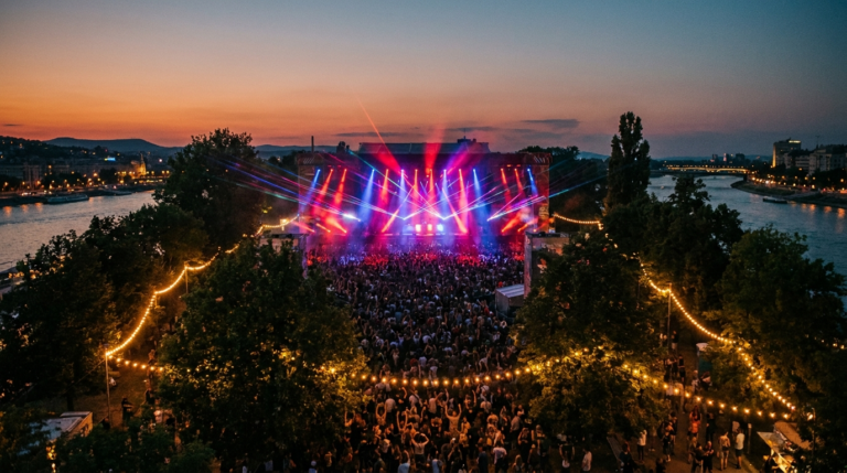 Sziget Festival 2026 main stage lit up at dusk on Óbuda Island in the Danube, Budapest